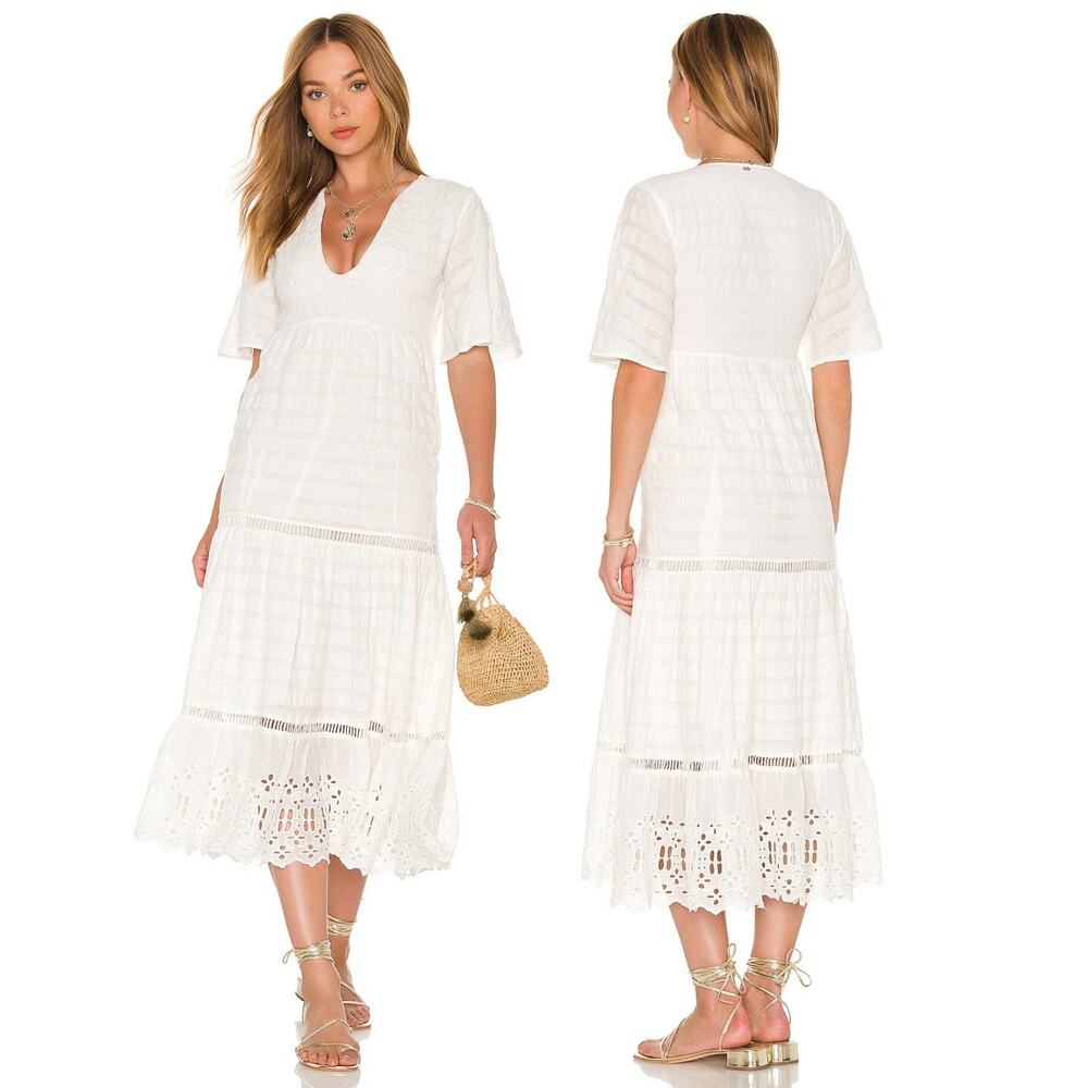 PQ Juniper Midi Dress Cotton Tiered Eyelet Boho Beachy Coastal Party XS/S